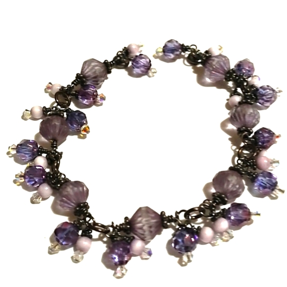 VINTAGE LAVENDER & BLUE GLASS CRYSTAL BEADED SILVER MAGNETIC CLASP 7.5" BRACELET - Picture 2 of 11